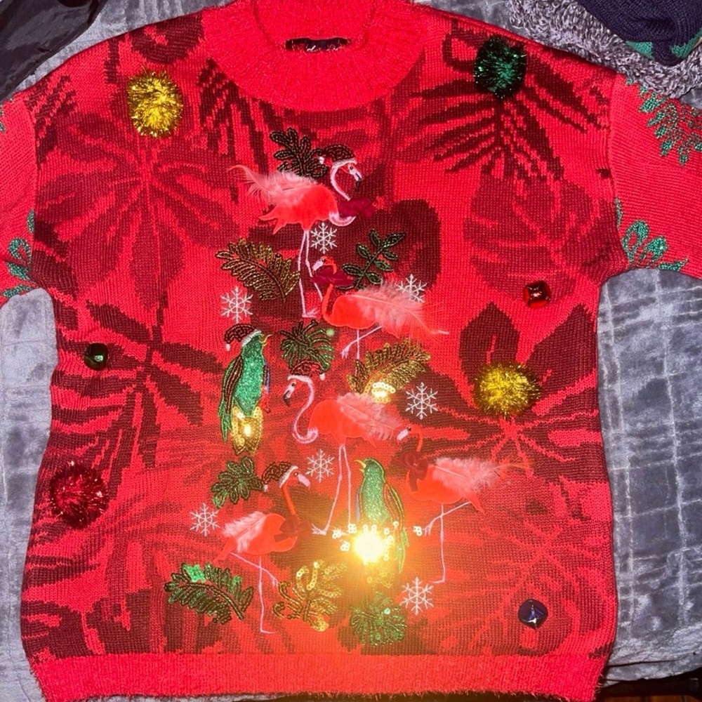 Red Embellished Flamingo Holiday Sweater - women